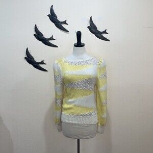 Pastel Yellow & Off White Angora & Silk Knit Sweater, Vintage - M